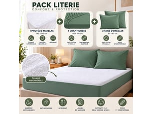 Pack literie protège matelas 140x190 imperméable + drap housse + 2 taies cèdre
