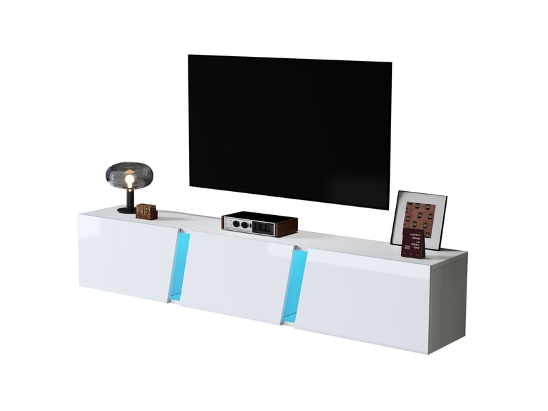  Meuble tv mural 180 x 35 x 30 cm blanc brillant avec led et 3 portes abattantes  - Conforama A