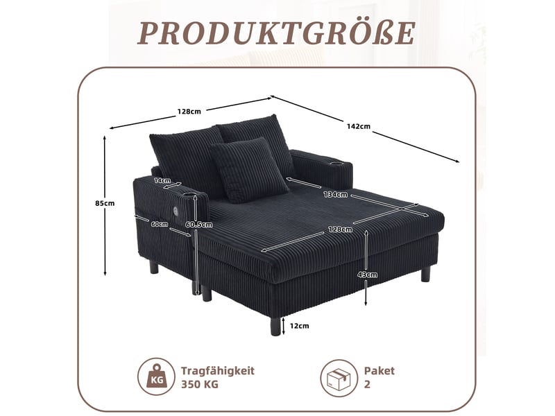 Fauteuil relax chaiselongue fixe 1 place en velours côtelé noir avec led, usb et porte-gobelets intégrés - Conforama C