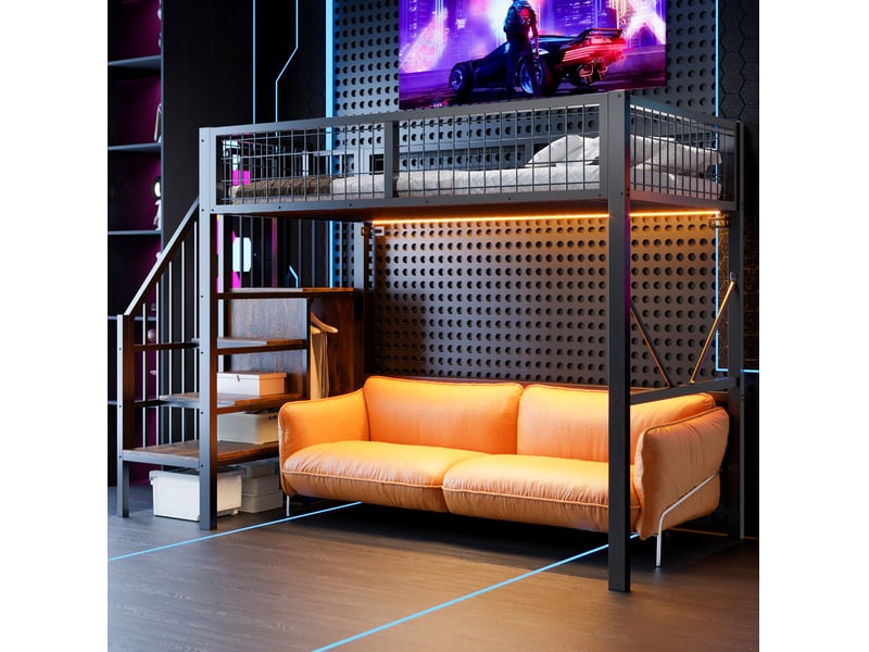  Lit mezzanine 90x200 cm en métal avec échelle de rangement et led, coloris noir  - Conforama B