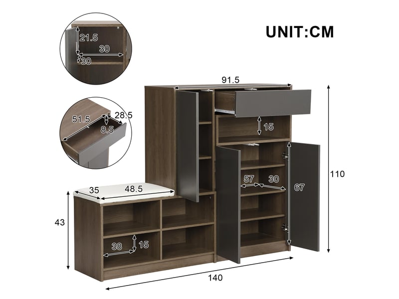  Meuble à chaussures avec banc rembourré 140x35x110 cm - avec étagères ajustables, 1 tiroir et niche - mdf - noir et bois  - Conforama C