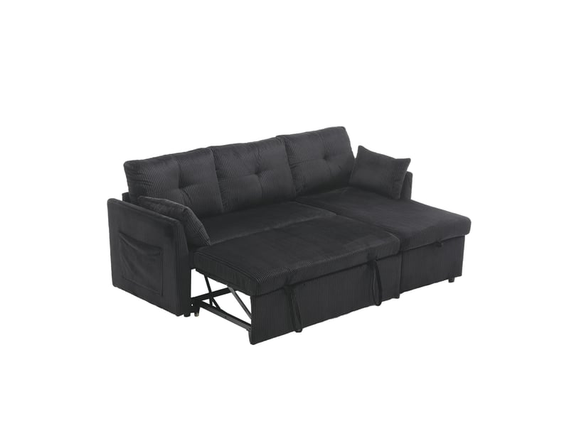  Canapé d'angle convertible 3 places avec rangement, lit gigogne et méridienne réversible en velours côtelé noir  - Conforama A
