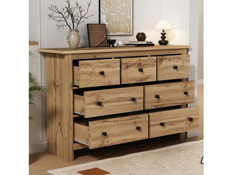  Commode rétro 7 tiroirs avec rangement pour chambre et salon, 152x40x89 cm, bois foncé  - Conforama W