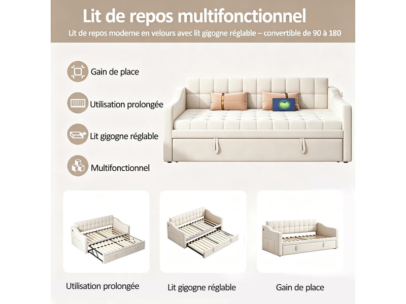  Lit gigogne 90x190 cm - lit banquette convertible 2 en 1 - usb - sommier bois et métal - beige  - Conforama R