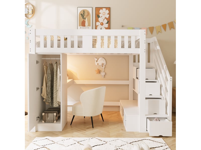  Modenvie lit mezzanine 140x200 cm - rangement, bureau avec prise et led - pour chambre d'adolescent - blanc  - Conforama E