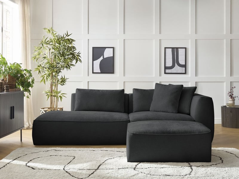  Bobochic canapé droit fixe 3 places leopold tissu texturé avec pouf noir  accoudoir droit LEOPOLD - Conforama C
