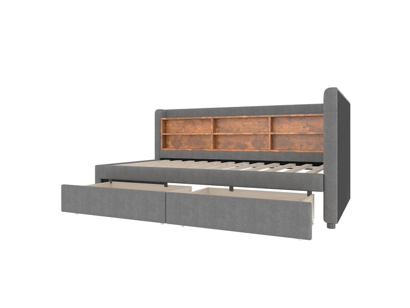  Lit banquette gris 90x200 cm avec 2 tiroirs, rangements, usb et type-c  - Conforama E