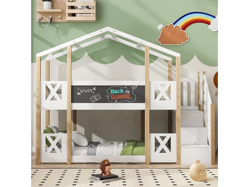 Lit superposé cabane enfant 90 x 200 cm avec escalier de rangement, barrières, tableau et 2 sommiers, blanc et bois naturel AB405332345W - Conforama D
