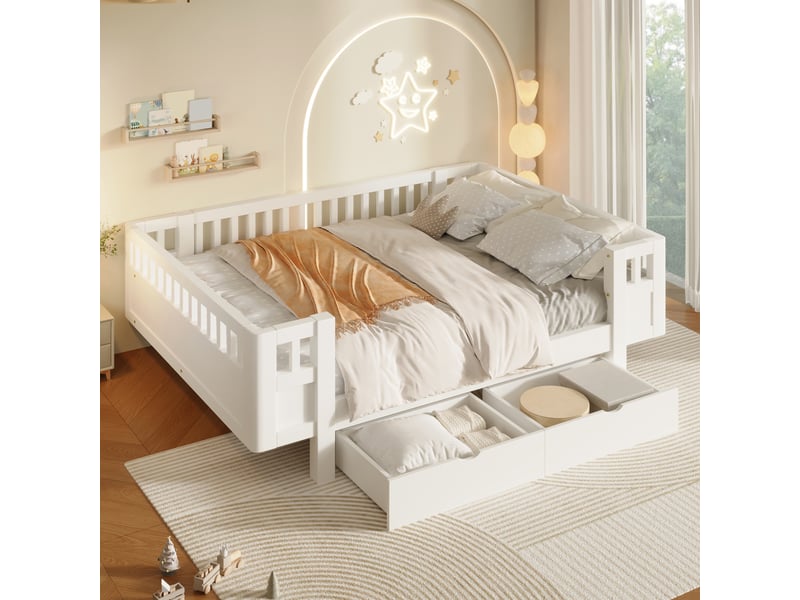  Lit enfant 140 x 200 cm avec barrières de sécurité hautes et 2 grands tiroirs, bois massif et mdf, blanc CozyNest - Conforama C