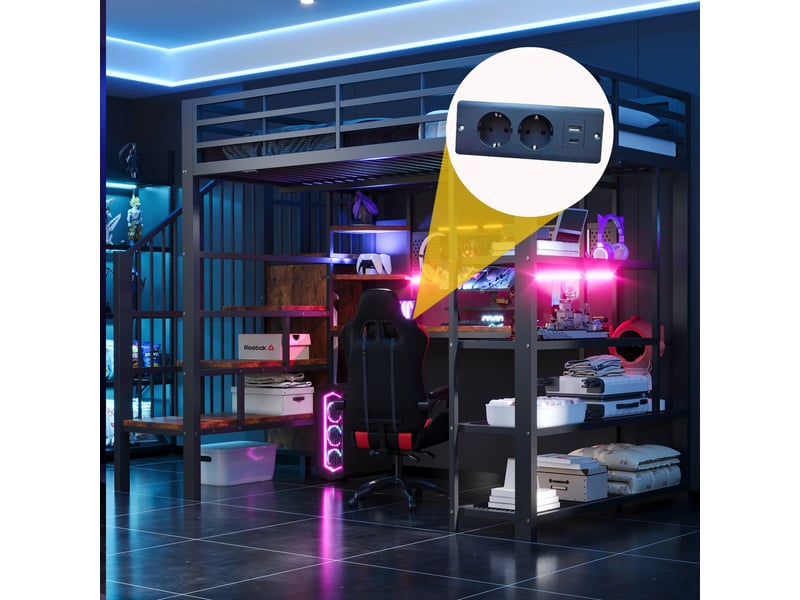 Lit mezzanine métal 140 x 200 cm noir avec long bureau, prise eu, grand panneau perforé, led, escalier rangement, étagères, chambre ado - Conforama B