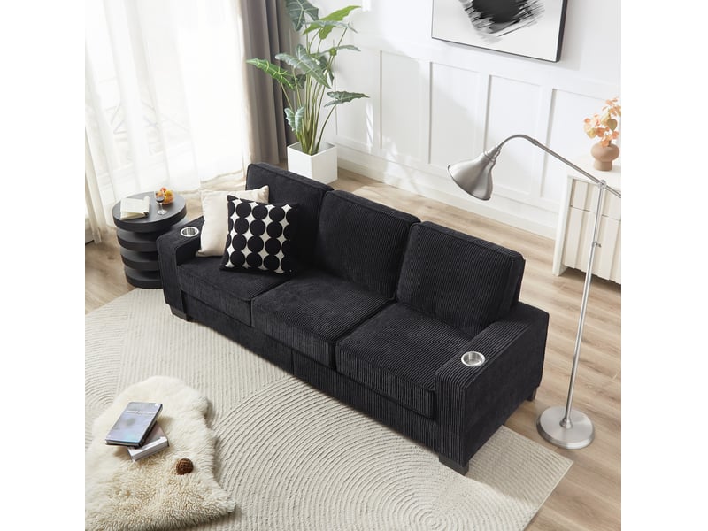  Canapé droit 3 places avec porte-gobelets et assise ergonomique, en velours côtelé noir, 206 × 72 × 86 cm  - Conforama D