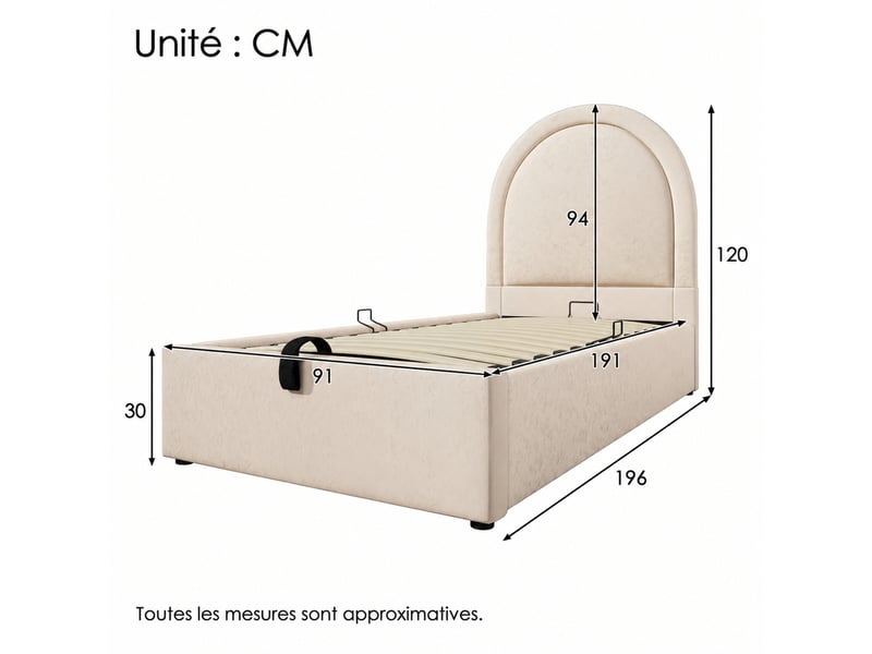  Lit coffre enfant, lit simple 90×190 cm avec rangement sous le couchage et tête de lit à motifs, sans matelas, beige  - Conforama D