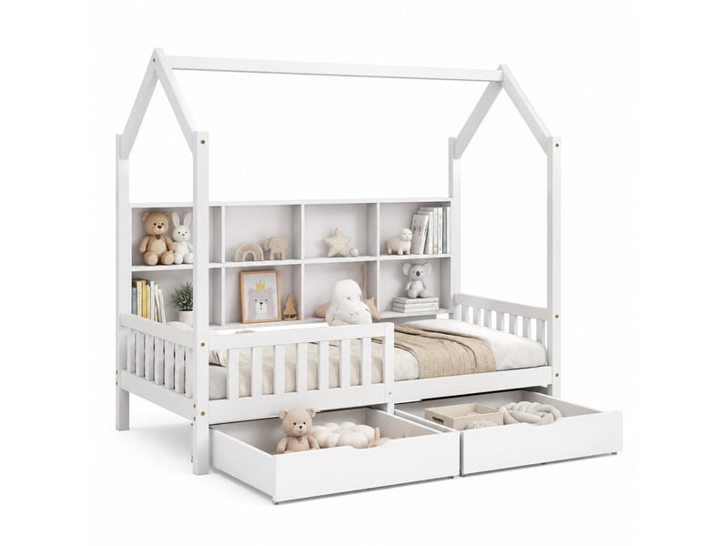  Lit enfant cabane 90x200 cm avec étagère, 2 tiroirs et barrières, blanc  - Conforama A
