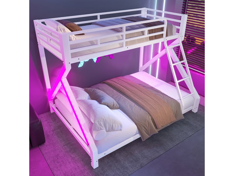  Lit superposé 90x200 + 140x200 cm - structure métal avec barrières de sécurité et échelle - bande led intégrée - blanc  - Conforama D
