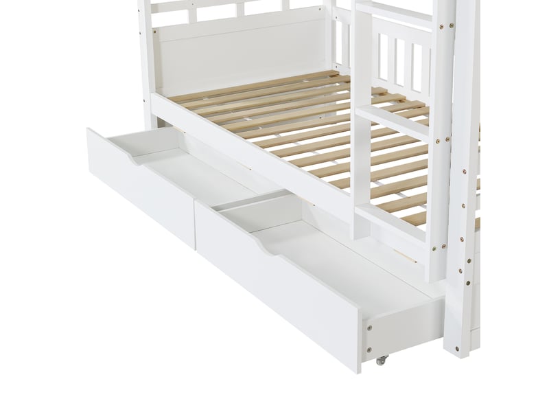 Lit superposé 2 places 90×200 cm en bois, lit cabane blanc avec 2 tiroirs, étagères et échelle, sans matelas - Conforama E