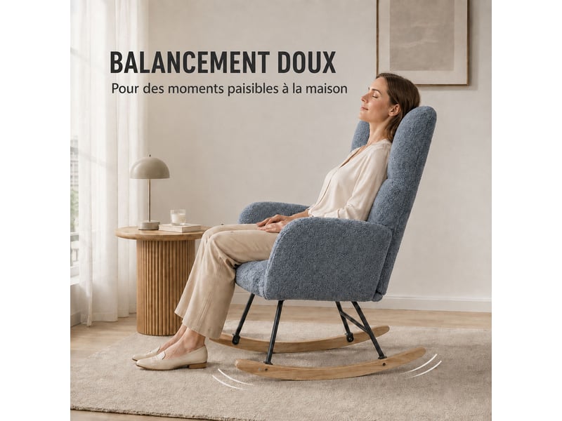  Fauteuil à bascule teddy bleu, fauteuil rocking‑chair ergonomique avec dossier haut et accoudoirs rembourrés, base en bois massif, chaise de relaxation pour salon, chambre et chambre bébé  - Conforama E
