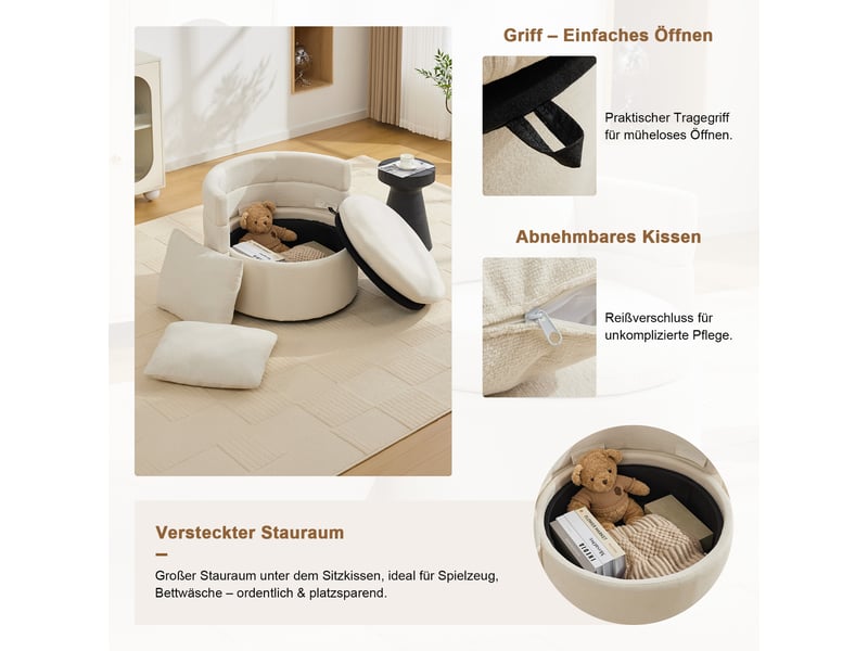  Fauteuil pivotant 360° avec rangement caché et dossier rembourré, pour coin lecture, en tissu chenille ivoire  - Conforama D