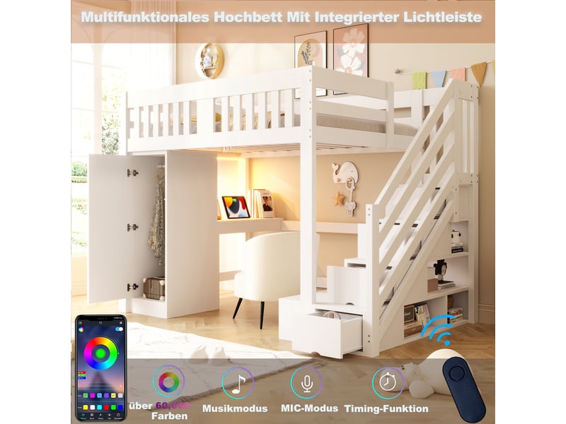  Lit mezzanine 2 places 200×140 cm avec rangements, bureau, led et prise - okmyhome- blanc, sans matelas  - Conforama E