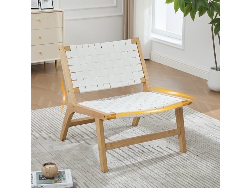 Fauteuil sans accoudoirs tressé à motif damier, structure en bois, assise basse pour intérieur et extérieur, pu blanc - Conforama B