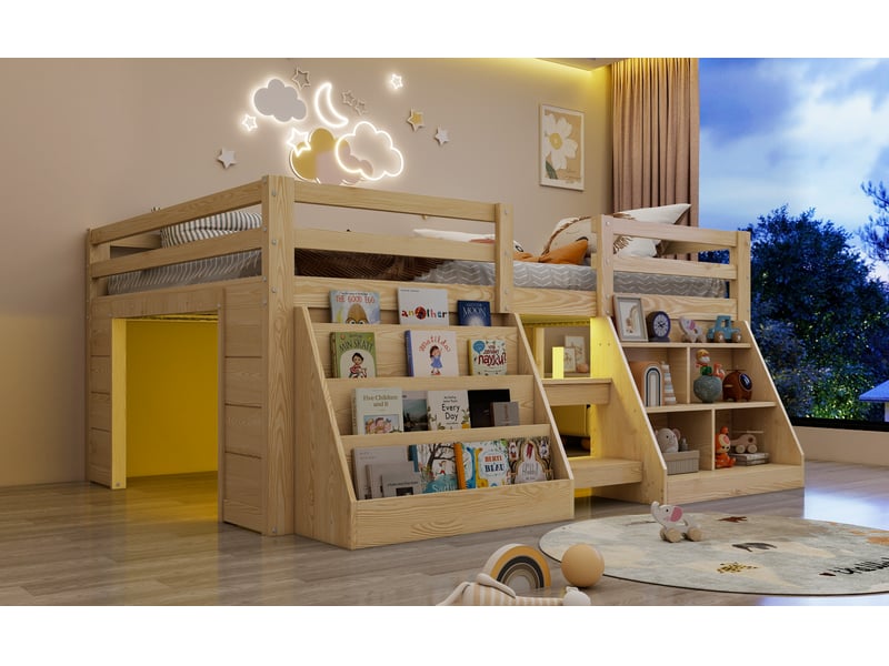  Lit double 140 × 200 cm, bibliothèque et niches, échelle centrale, led par application, pin et mdf, naturel  - Conforama B