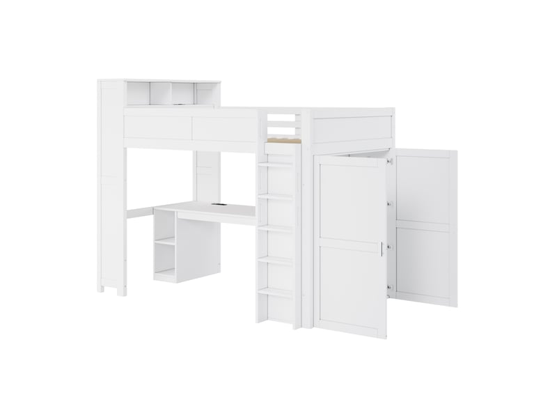 Lit mezzanine 90x200 cm - bureau avec led et usb - rangement et armoire - lit simple - mdf et pin - blanc - Conforama W