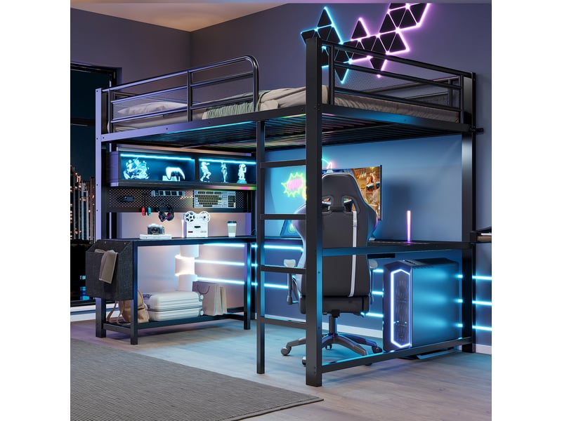 Lit mezzanine 140x200 cm avec éclairage led et ports usb et usb-c en métal, mdf, noir - Conforama B