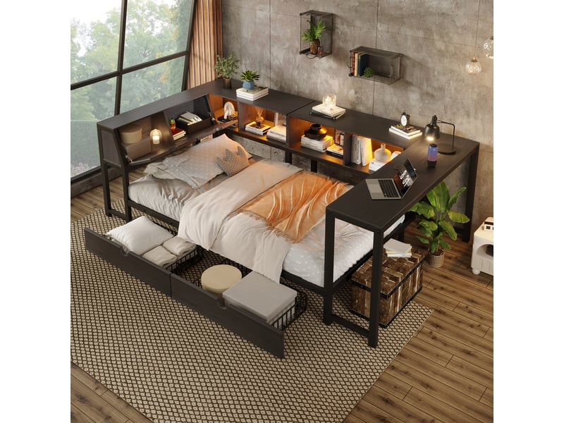  Lit simple 90x200 cm, lit avec bureau et rangement, 2 tiroirs, tête de lit ouvrante, led, métal et mdf, noir CozyNest - Conforama D