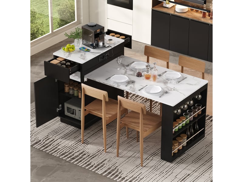  Desserte de cuisine extensible avec rangements, led et ports usb 58 à 154×80,5×94 cm noire  - Conforama C