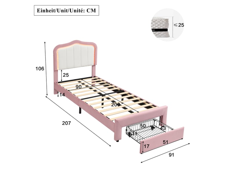  Lit enfant 90x200 cm, tiroir, tête de lit rembourrée, tiroir au pied, led pilotable par appli, velours rose, sans matelas  - Conforama C