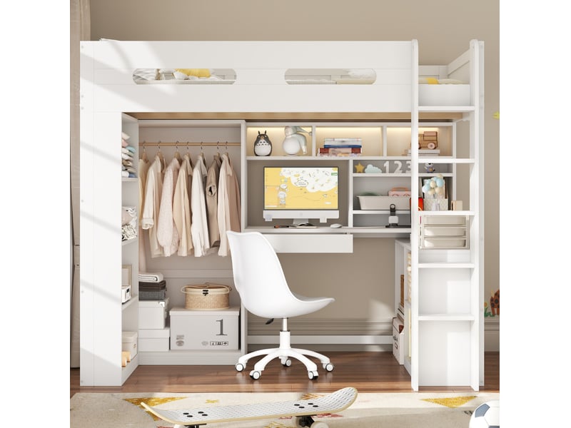  Lit mezzanine 90x200 cm blanc avec bureau, armoire, rangements, led et usb  - Conforama B