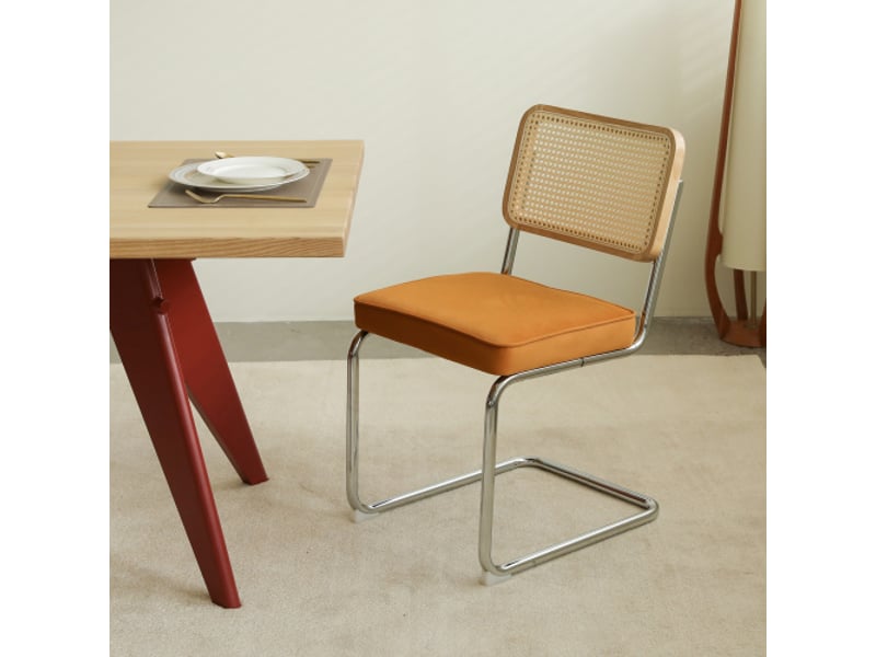  Ensemble de 4 chaises velours et rotin, pieds chromés – style mi-siècle breuer, salle à manger et salon  - Conforama D