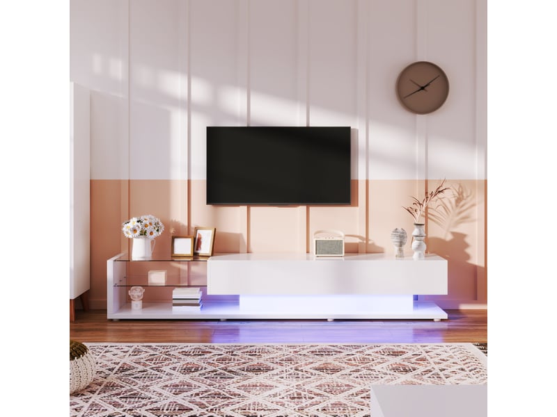 Meuble tv blanc laqué avec led 170 cm, banc tv moderne avec 2 tiroirs et étagères en verre - Conforama B