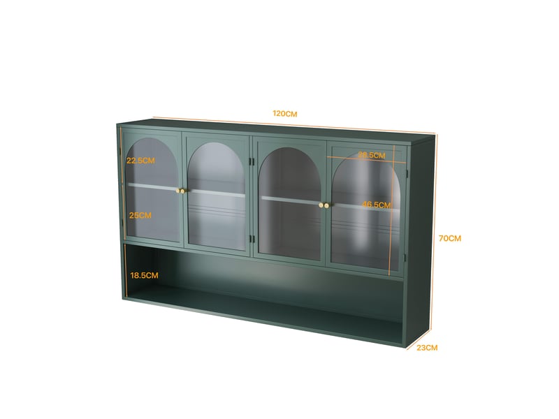 Buffet de cuisine - 120x23x70cm - meuble haut, armoire murale 4 portes en verre gris & étagère, style industriel - vert - Conforama E