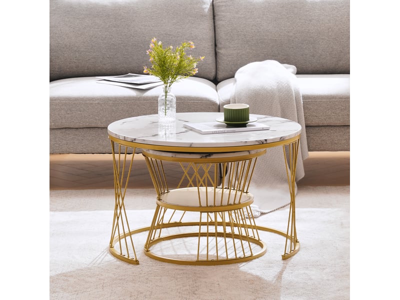  Lot de 2 tables basses gigognes rondes – mdf effet marbre brillant, blanc et doré – ø 70 et 45 cm  - Conforama B