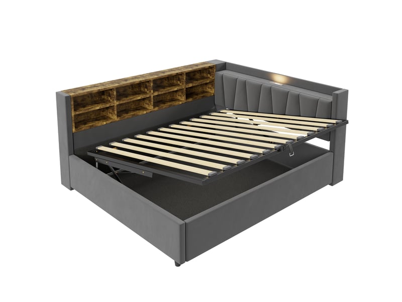  Litcanapé-lit capitonné 140 x 200 cm, avec rangement hydraulique, veilleuse, ports de chargement usb et type-c, étagères et compartiments de rangement, tête de lit capitonnée, lit multifonctionnel en velours gris foncé  - Conforama D