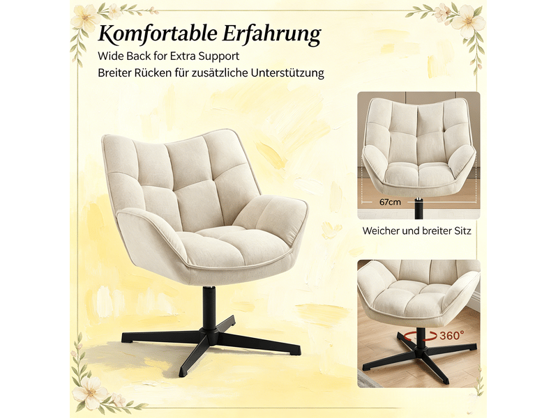  Fauteuil pivotant en lin avec dossier ergonomique et assise rembourrée, beige  - Conforama E