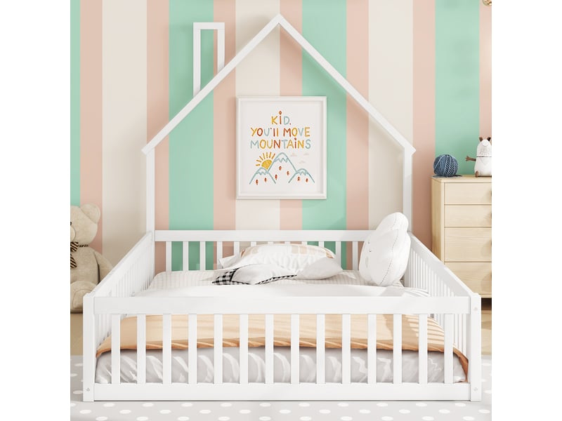  Lit enfant 140x200 avec forme de cheminée, style minimaliste blanc, structure en bois de pin, barrières de sécurité, sans matelas.  - Conforama E