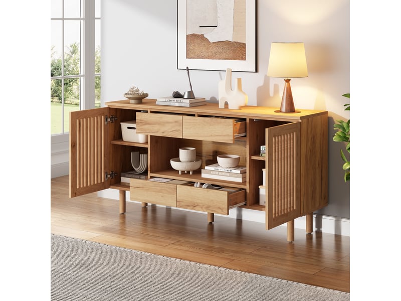 Buffet bas 140x35x71 cm coloris bois naturel avec 4 tiroirs et 2 portes - Conforama B