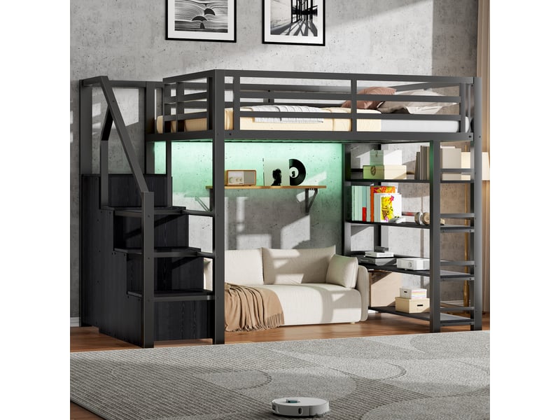 Lit mezzanine double 140×200 cm avec led réglable, étagères et armoire  - sans matelas, métal noir  - Conforama C