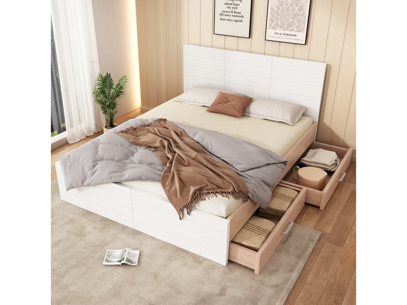 Lit avec rangement 180 x 200 cm - lit double avec sommier à lattes - bois mdf - sans matelas - blanc chêne - Conforama B