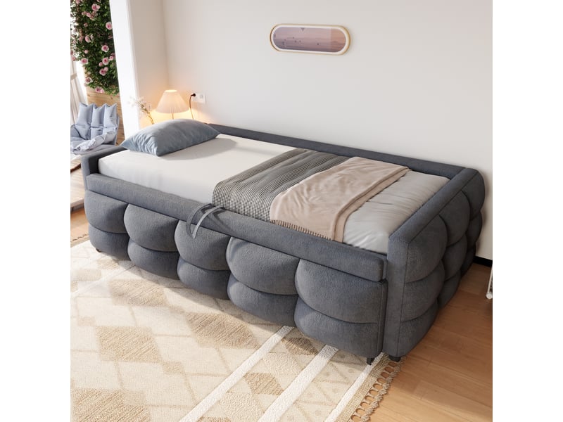  Canapé-lit multifonction velours gris teddy 90x180 cm avec sommier, convertible en lit double ou simple - sans matelas  - Conforama D