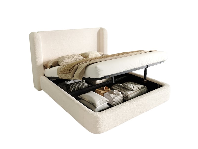 Lit coffre 140x190 cm bouclé beige avec sommier à lattes et ouverture hydraulique - Conforama A