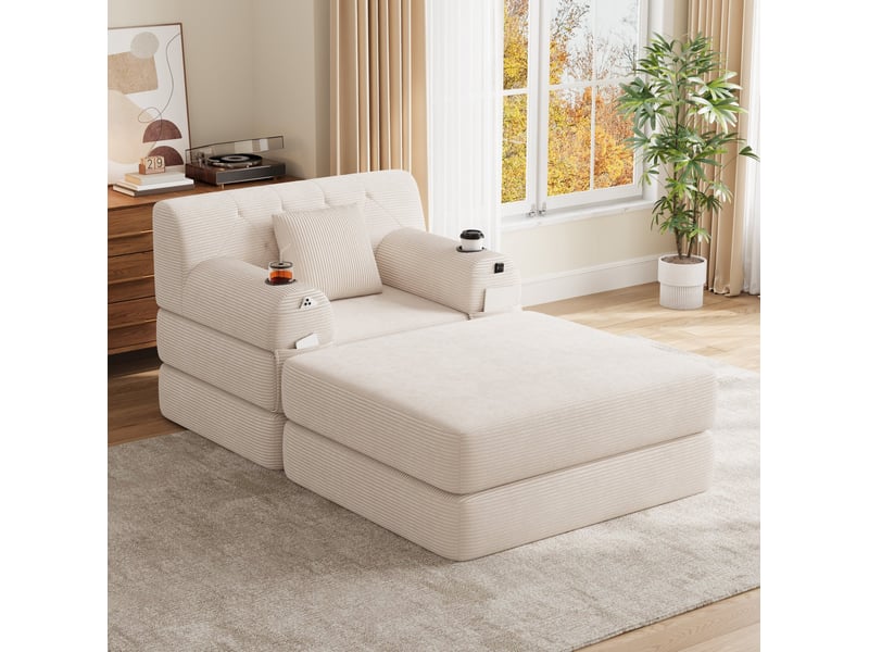  Fauteuil-lit 1 place en velours côtelé beige avec 4 poches et 2 porte-gobelets  - Conforama D