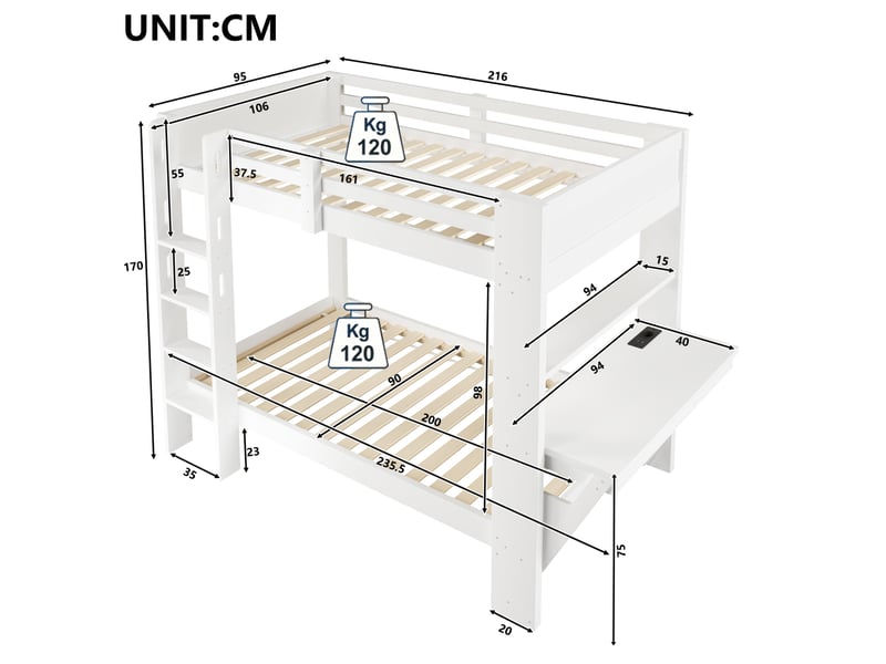  Lit superposé 90 × 200 cm avec bureau, étagères ouvertes, prises usb et usb-c, éclairage led, en pin et mdf blanc  - Conforama C