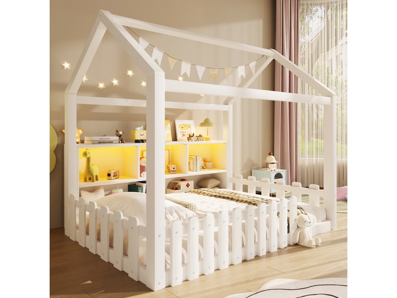 Lit cabane enfant 90 x 190 cm avec barrières, rangements ouverts et éclairage led, pin et mdf - blanc Fay Lum - Conforama D