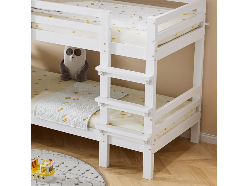  Lit superposé cabane enfant 90x200 cm - avec toit, fenêtres et échelle, garde-corps sécurisé, pin et mdf, blanc, sans matelas  - Conforama D