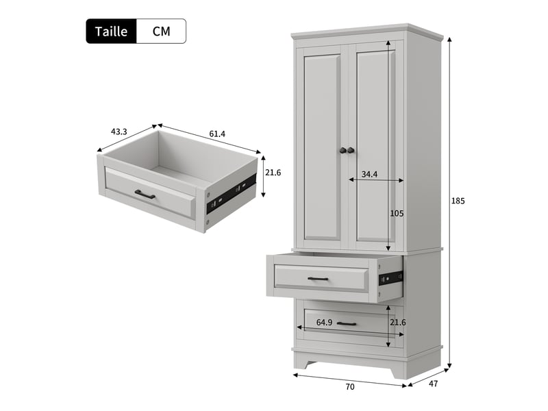  Armoire de rangement haute 70 x 47 x 185 cm - buffet colonne 2 portes 2 tiroirs étagères réglables – mdf – blanc  - Conforama C