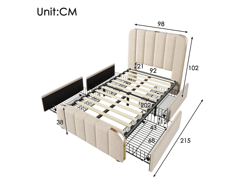  Lit simple 90x200 cm avec 4 tiroirs et ports usbtype-c en lin beige  - Conforama E