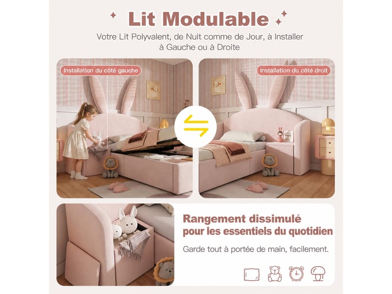  Lit enfant rose 90 x 190 cm avec oreilles de lapin, rangement et velours  - Conforama D