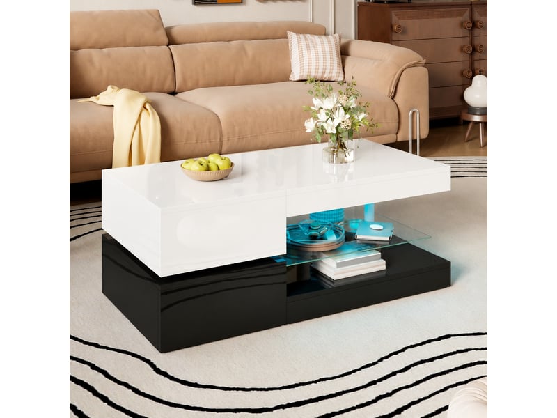  Table basse moderne noire et blanche brillante avec éclairage led, 90 x 45 x 35,5 cm  - Conforama D